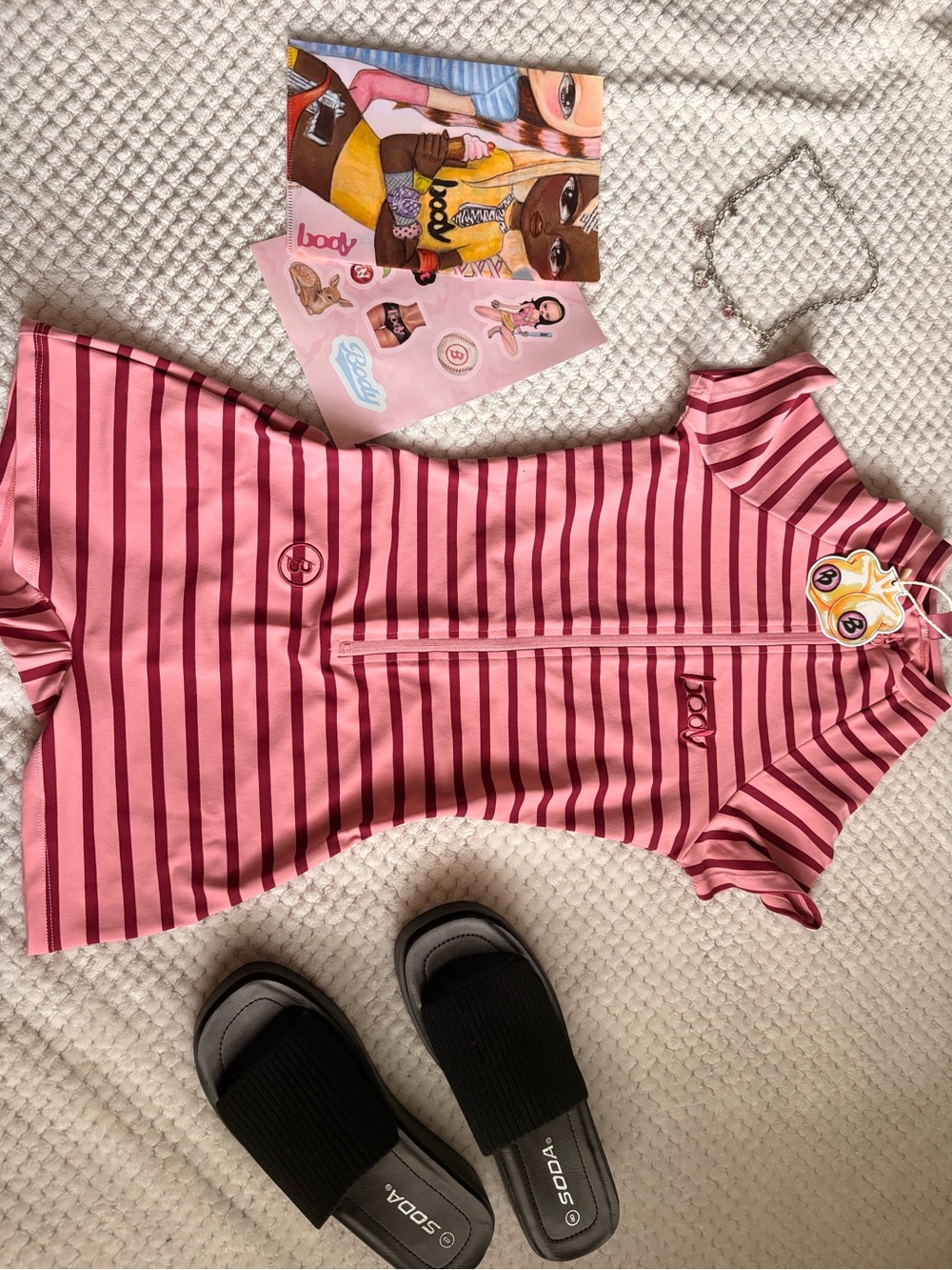 Girls Pink Striped Short-Sleeve Bodysuit with Front Zipper